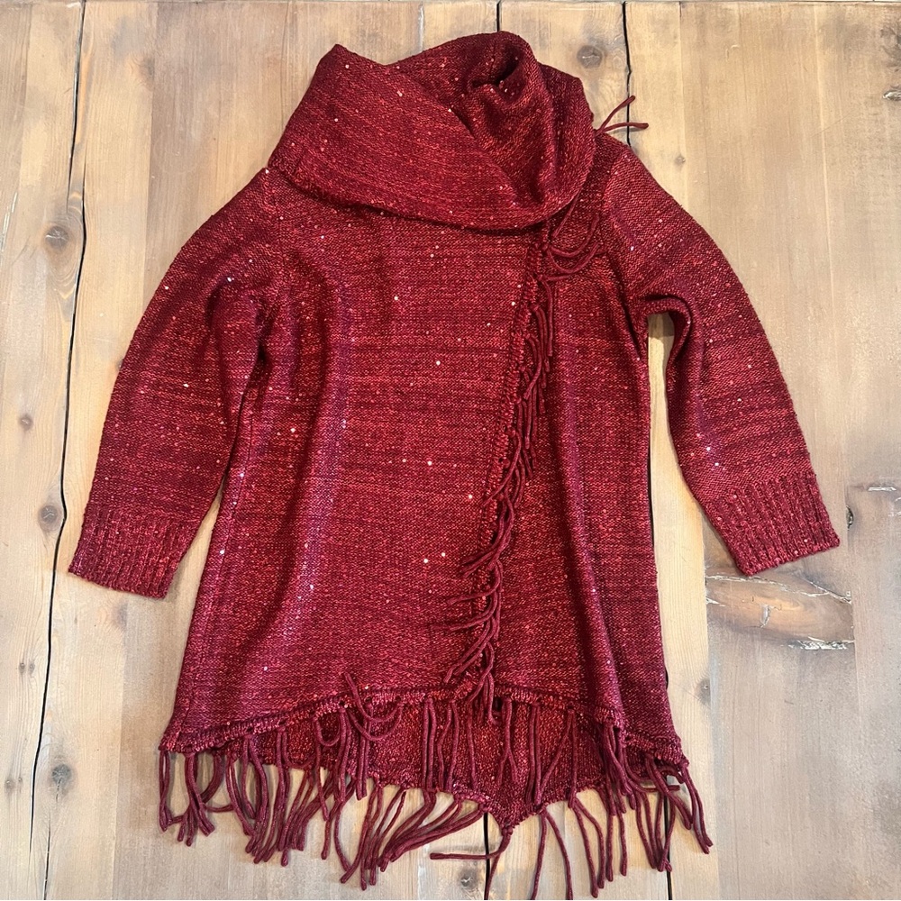 Reba Deep Red Cowl Neck Sweater with Fringe